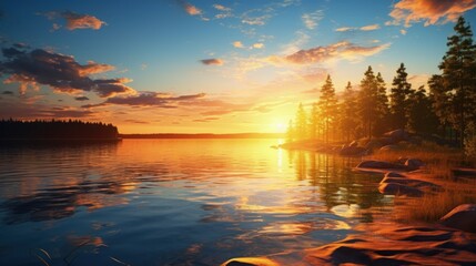 Aufkleber - sunset at coast of the lake. Nature landscape. Nature in northern Europe. reflection, blue sky and yellow sunlight. landscape during sunset.