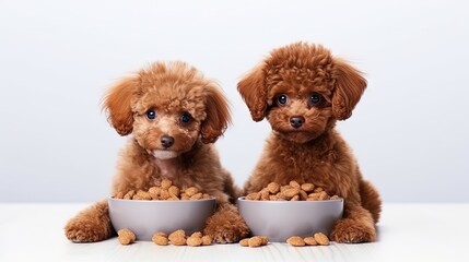 Poster - Feed. Two cute curly red-brown poodles, liitle dogs eating from bowl isolated over white studio background. Pet look healthy and groomed. Concept of animal care, vet, fashion, active lifestyle.