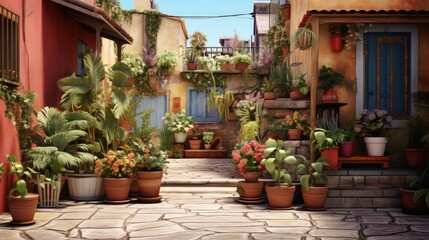 Poster - Large terrace of a single-family house with clay floors and many potted plants