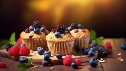 Poster - Healthy vegan muffins. Vegan oatmeal, banana, blueberry muffins. Healthy vegan banana blueberry muffins with fresh berries. Vegetarian foods.