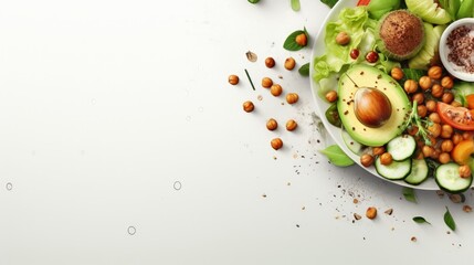 Poster - Vegan tofu poke bowl with avocado, chickpeas, cucumber and mushrooms, Healthy asian diet vegan vegetarian salad food. banner, menu, recipe place for text, top view.