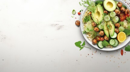 Poster - Vegan tofu poke bowl with avocado, chickpeas, cucumber and mushrooms, Healthy asian diet vegan vegetarian salad food. banner, menu, recipe place for text, top view.