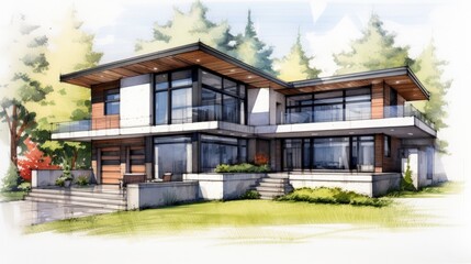 Poster - Architectural sketch of modern house building 3d illustration