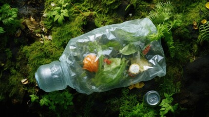 Poster - Reuse garbage, recycle, plastic free. Food plastic packaging, trash on green moss background after picnic in forest. Top view. Copy space. Recycling plastic. Environmental pollution, ecology concept