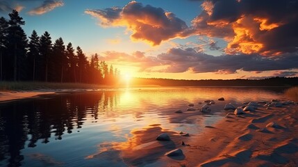 Aufkleber - sunset at coast of the lake. Nature landscape. Nature in northern Europe. reflection, blue sky and yellow sunlight. landscape during sunset.