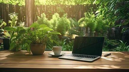 Poster - laptop with black screen, phone and cup of tea with shining ray of sun light in it on wooden table outside in green summer garden. Remote distant work or education in comfortable conditions