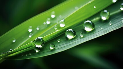 Aufkleber - Very beautiful macro image of natural illuminated water droplets on surface of green leaf or stem of grass, symbol of fragility and purity nature.