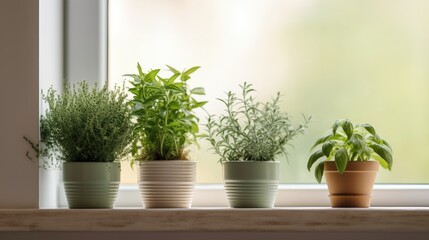 Poster - Different aromatic potted herbs near window indoors, closeup. Space for text