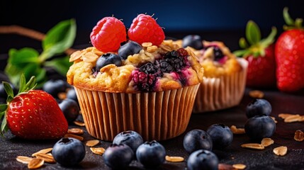 Poster - Healthy vegan muffins. Vegan oatmeal, banana, blueberry muffins. Healthy vegan banana blueberry muffins with fresh berries. Vegetarian foods.