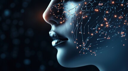 Sticker - Big data, machine learning and artificial intelligence concept with outline of human face made from neural network flow on blank background with space for advertising poster. 3D rendering, mockup