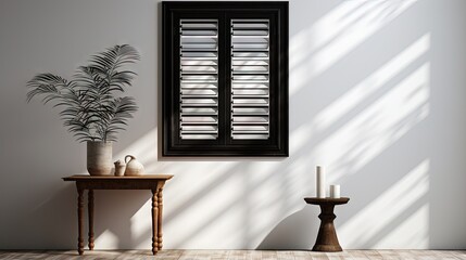 Poster - Frame of a wooden black window with white curtain and open shutters