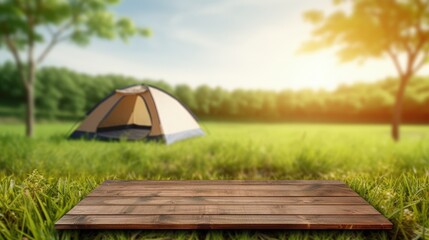 Poster - Wooden table top on blur tent camping travel tent and grass field. Fresh and Relax concept. For montage product display or design key visual layout. View of copy space.