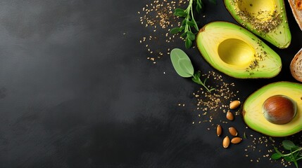 Poster - Healthy avocado toasts for breakfast or lunch with rye bread, sliced avocado, pumpkin seeds, salt and pepper. Vegetarian food. Plant-based diet. Clean eating. Top view. Copy space,