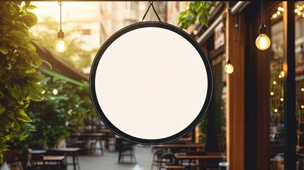 Fototapete - Blank minimal circular shop signboard mockup for design. Street hanging sign board for logo presentation with light garland amond the leaves. Metal cafe restaurant or bar badge black white round.