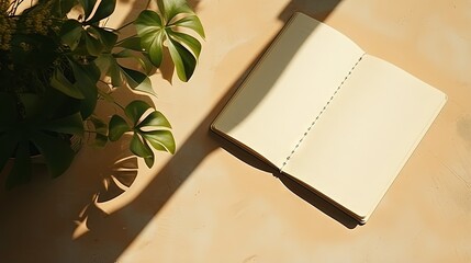 Poster - The shadow of a home plant falls on a blank sheet of an open notebook. A simple concept of planning things, learning, making lists, keeping a diary. Flat lay. Top view. Copy space.