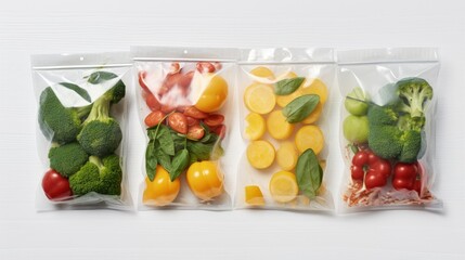 Poster - Healthy food in package. Studio photography of different fruits and vegetables on white wooden background, top view. High resolution product.