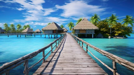 Poster - Wooden walkways over the water of the blue tropical sea to authentic traditional Polynesian thatched roof houses with eco-friendly use of solar panels. Polynesia, Tahiti