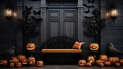 Poster - Carved pumpkins, bats and spiders near black front door of modern house with black walls and black bench. Concept of halloween. 3d rendering