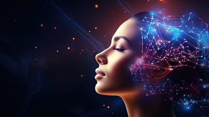 Leinwandbilder - Big data, machine learning and artificial intelligence concept with outline of human face made from neural network flow on blank background with space for advertising poster. 3D rendering, mockup