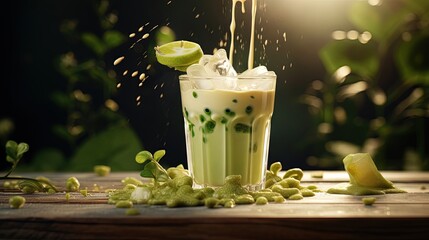 Sticker - Soy milk pouring in matcha ice tea. Healthy vegan drink