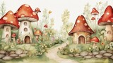 Fototapeta Dziecięca - Cartoon fairy tale background with forest houses fly agaric, flowers, mushrooms, trees and animal characters. Little mice walk in the forest watercolor seamless pattern. Texture for nursery, wallpaper