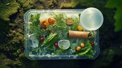 Poster - Reuse garbage, recycle, plastic free. Food plastic packaging, trash on green moss background after picnic in forest. Top view. Copy space. Recycling plastic. Environmental pollution, ecology concept