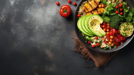 Poster - Healthy vegetable buddha bowl lunch with grilled chicken and quinoa, spinach, avocado, brussels sprouts, red paprika and chickpea on gray background. Top view.