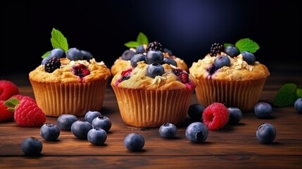 Poster - Healthy vegan muffins. Vegan oatmeal, banana, blueberry muffins. Healthy vegan banana blueberry muffins with fresh berries. Vegetarian foods.