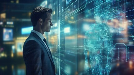 Poster - Chat with AI or Artificial Intelligence technology, business man use AI smart technology by inputting, deep learning Neural networks to understand, respond to user inputs. future technology