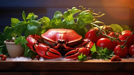 Poster - fresh crab on wooden board, claw crab cooking food seafood plate with herbs spices lemon lime salad, boiled or steamed crab red in the restaurant
