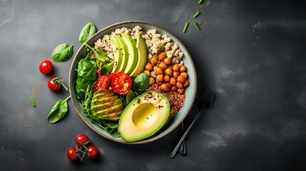 Poster - Healthy vegetable buddha bowl lunch with grilled chicken and quinoa, spinach, avocado, brussels sprouts, red paprika and chickpea on gray background. Top view.