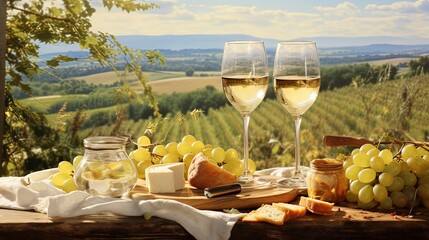 Poster - Picnic with glasses of white wine on a vineyard. Two glasses of white wine, cheese, bread, grape, berries, melon.