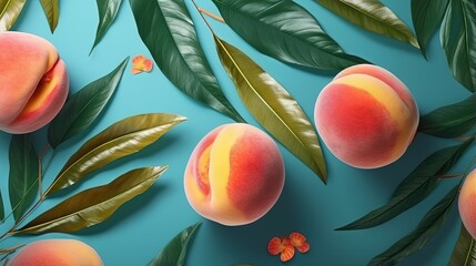 Poster - Creative concept of peach on the turquoise background. Exotic fruits and leaves. Food concept.