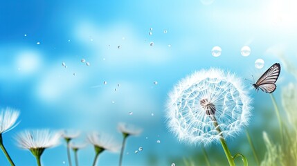 Poster - Natural pastel background. Morpho butterfly and dandelion. Seeds of a dandelion flower on a background of blue sky with clouds. Copy spaces