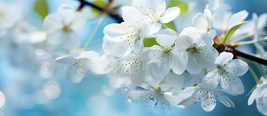 Sticker - In the macro lens, a leaf stands out, its abstract pattern resembling a flower, framed by the vibrant sky and surrounded by the beauty of nature—a blooming tree in the midst of spring, illuminated