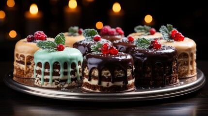  a group of cakes sitting on top of a metal platter covered in frosting and topped with raspberries on top of a wooden table next to candles.