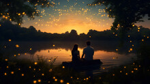 Couple In Love On The Beach Or Riverside, Watching The Night Sky And Water With Firefly Lights. Sunset, Night, Stars. Dreamlike