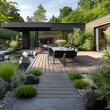 garden that blends natural elements with modern design, featuring a stone pathway