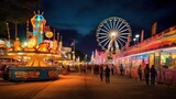 Fototapeta  - thrill of carnival rides, with bright lights and a bustling carnival atmosphere in the background.
