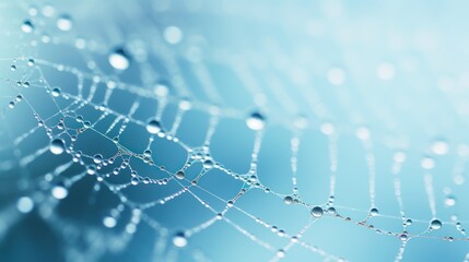 Wall Mural - a close up of a spider web with drops of water on the spider's web, with a blue sky in the backgroun