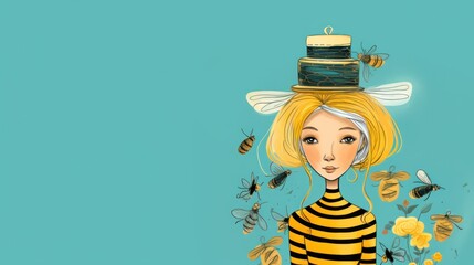 Sticker -  a painting of a woman with a bee on top of her head and bees around her head and a bee on top of her head and bees around her head.