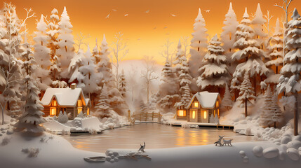 Wall Mural - christmas night with snowy landscape, in the style of light gold and orange, 3d, romantic riverscapes, white and bronze, cabincore, beautiful, repetitive