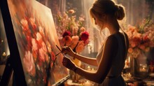  A Woman Standing In Front Of A Painting While Holding A Pair Of Scissors In Front Of A Vase Of Flowers On A Easel With Candles And Candles In The Background.
