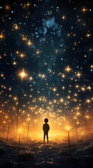 Wall Mural -  a person standing in the middle of a field under a night sky filled with stars and a person standing in the middle of a field under a lot of stars.