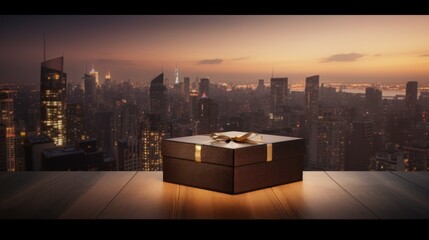 Poster -  a gift box sitting on top of a wooden table in front of a view of a large city at night with the lights of skyscrapers lit up in the background.