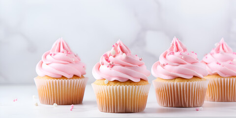 Wall Mural - Delicious vanilla cupcakes with pink frosting on top, white marble table with blurry bright background