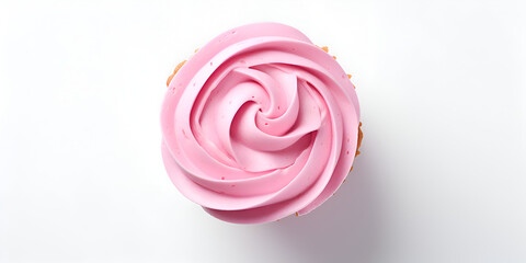 Wall Mural - Top view of cupcake with pink frosting on top, white background with copy space 