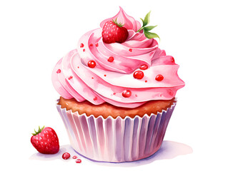 Wall Mural - Watercolor illustration of a cupcake with pink frosting on top, isolated on white background 