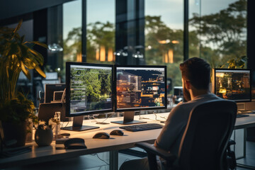 Poster - Software developer working at a modern contemporary office with big glass windows