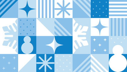 Poster - Abstract geometric seamless pattern. Winter elements and geometry shapes on blue tile background. Ornament for wrapping paper, banner, wallpaper
